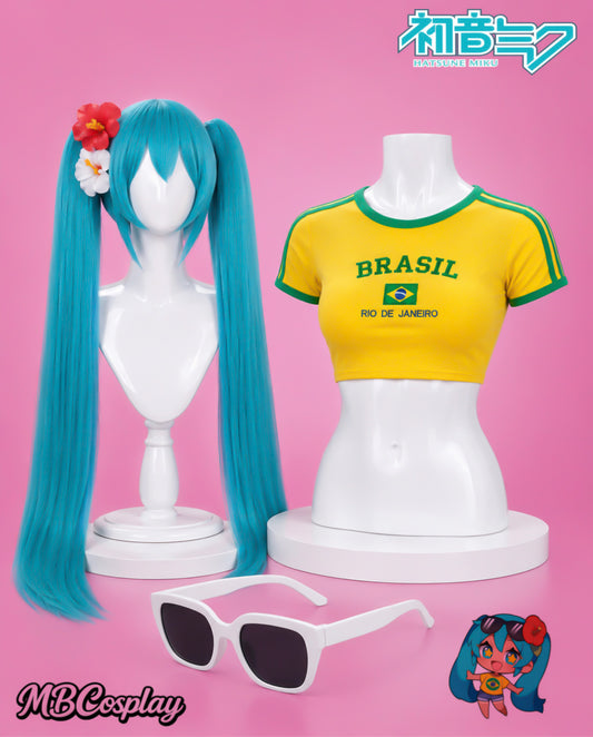 Brazilian Miku cosplay set featuring a Brazil crop top, long turquoise twin tail wig, white sunglasses and red and white hibiscus flower hair clips inspired by the viral Hatsune Miku Brazil trend.