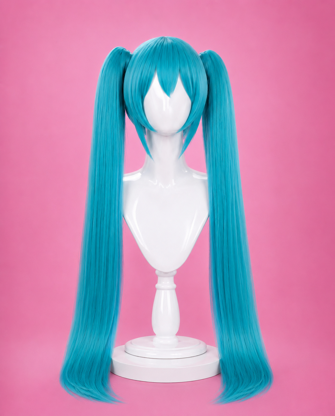 Long turquoise twin tail Brazilian Miku cosplay wig with straight heat-resistant synthetic fibres inspired by Hatsune Miku.