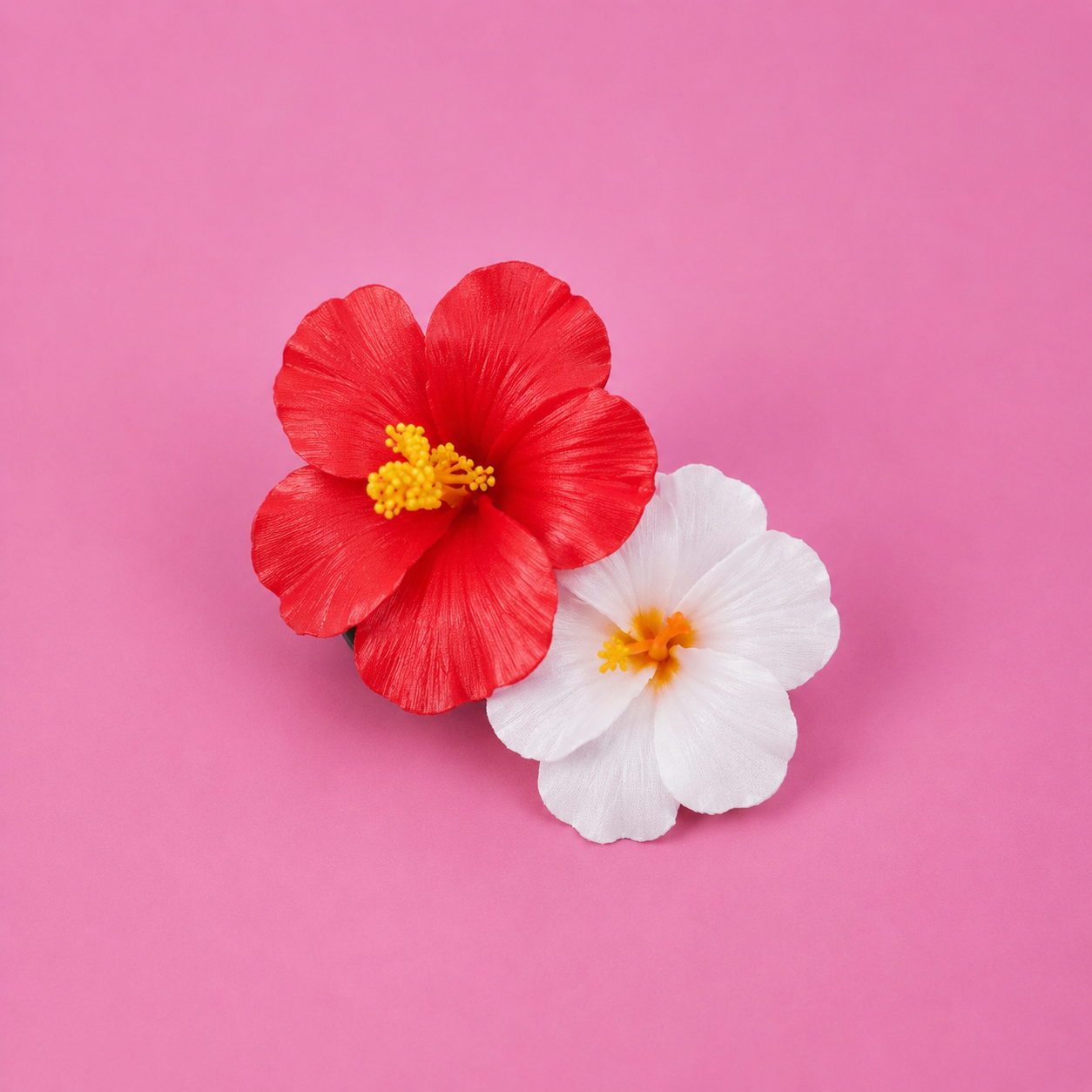 Red and white hibiscus flower hair clips for Brazilian Miku cosplay, perfect for Hatsune Miku Brazil-inspired costumes and anime styling.