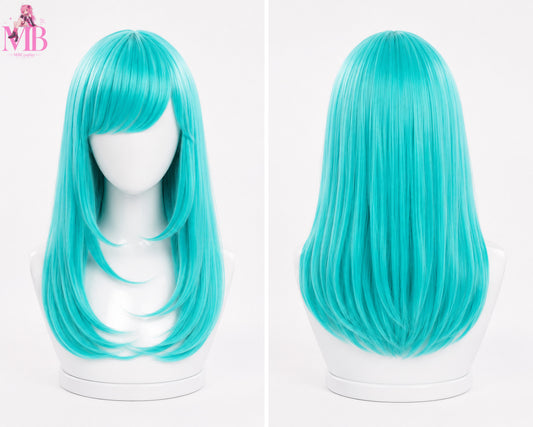 Bulma Dragon Ball 65cm Green Cosplay Wig – Front and Back View on Premium White Mannequin Bust | MBCosplay