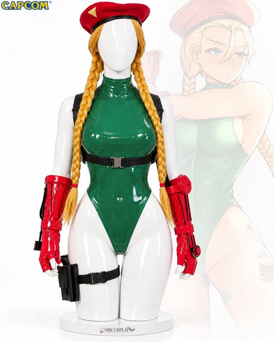 Cammy White Street Fighter V cosplay set on a mannequin with green bodysuit, red beret, gauntlets, black harness and blonde braided wig