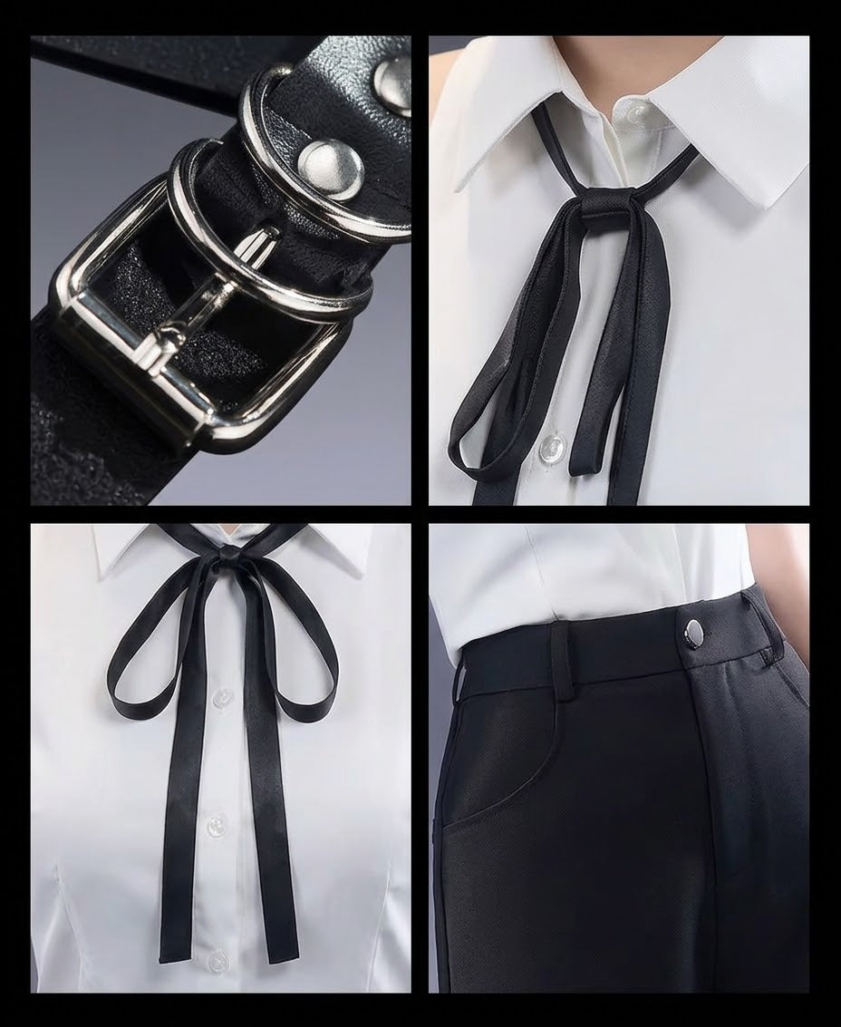 Chainsaw Man Reze Cosplay Costume & wig set costume detail collage showing buckle ribbon collar and shorts