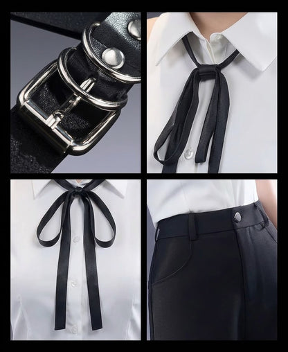 Chainsaw Man Reze Cosplay Costume & wig set costume detail collage showing buckle ribbon collar and shorts