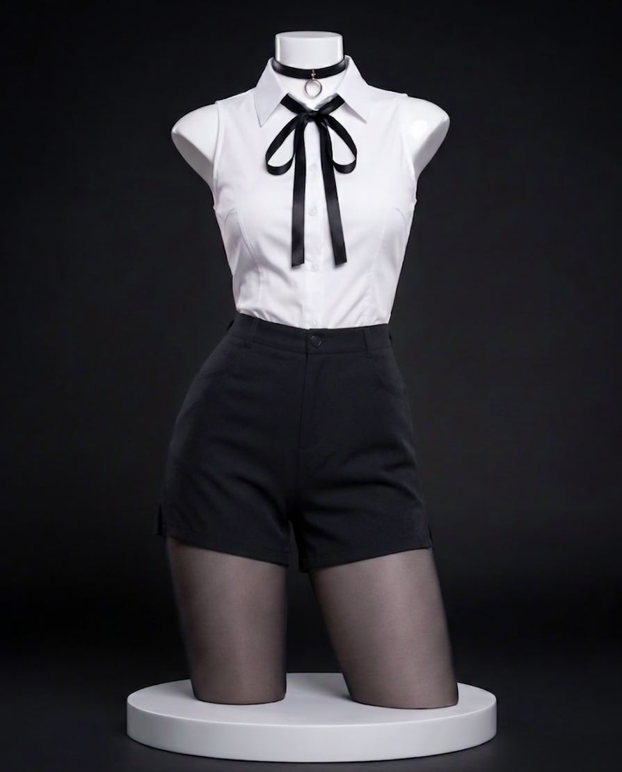 Chainsaw Man Reze Cosplay Costume & wig set Reze white shirt and black shorts costume front view