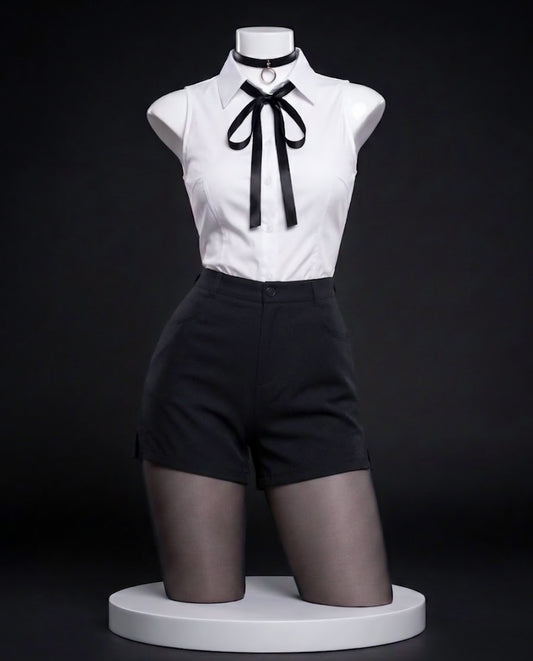Chainsaw Man Reze Cosplay Costume & wig set Reze white shirt and black shorts costume front view
