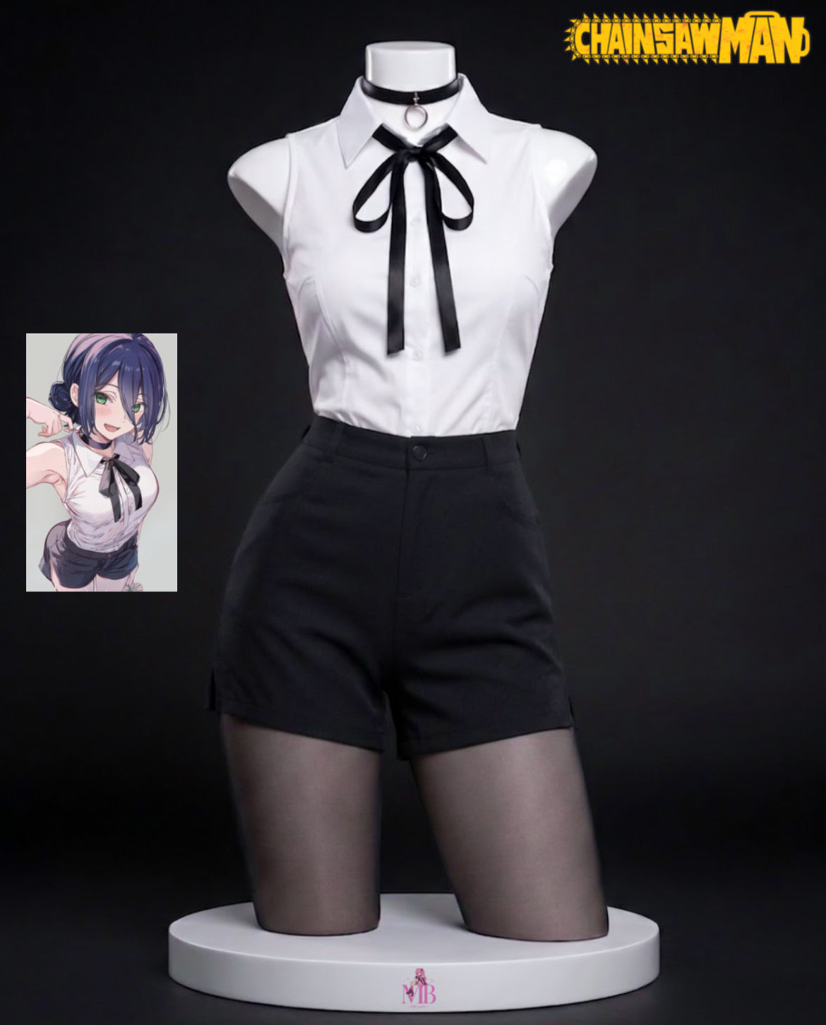 Chainsaw Man Reze Cosplay Costume & wig set white sleeveless shirt black shorts and ribbon front view