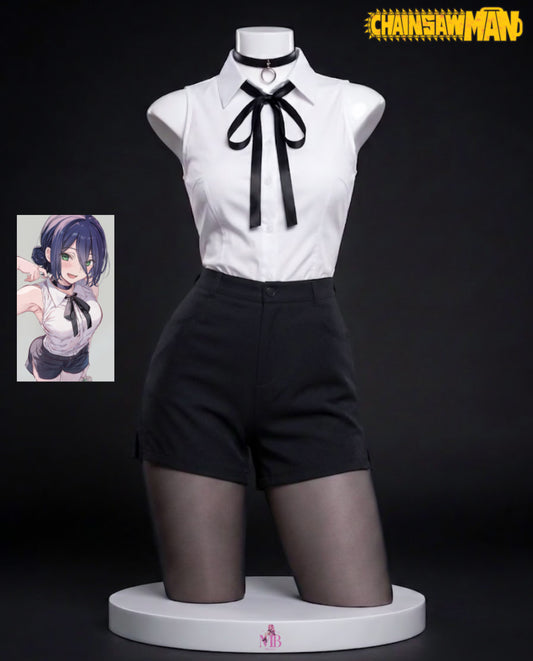 Chainsaw Man Reze Cosplay Costume & wig set white sleeveless shirt black shorts and ribbon front view