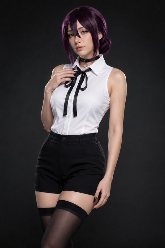 A model posing in a cosplay outfit featuring a white sleeveless collared shirt with a black ribbon bow, black shorts, black thigh-high stockings, and a black choker, with a purple wig, set against a dark studio background.