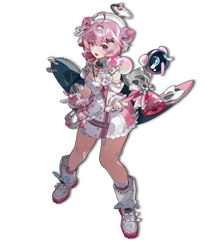Anime character with pink hair and fox-like features holding a weapon on a white background