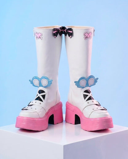 White platform boots with pink soles and decorative elements on a light blue background