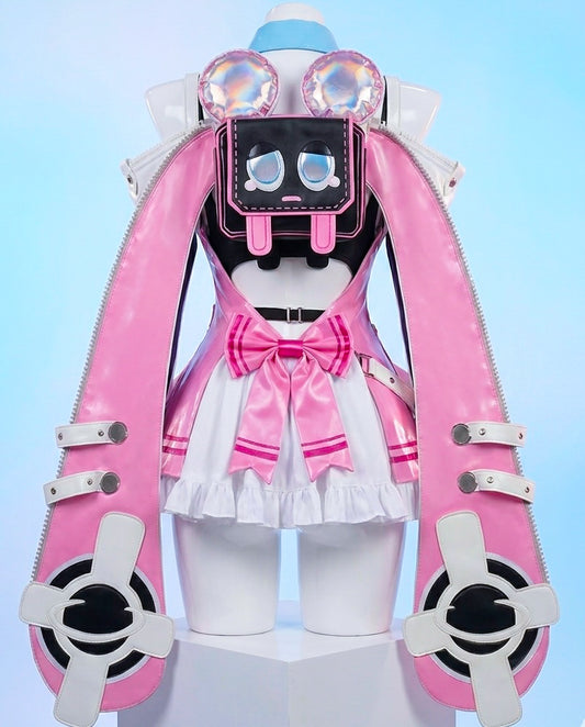 Animated character in a pink and white outfit with robot-like elements on a light blue background