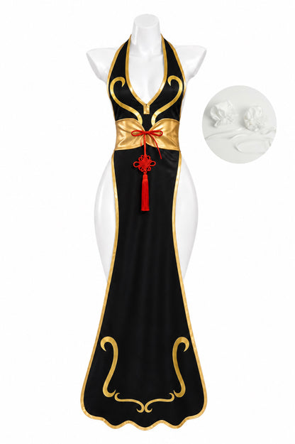 Chun Li battle dress with hair bun covers for Chun-Li Battle Dress Street Fighter Cosplay Costume
