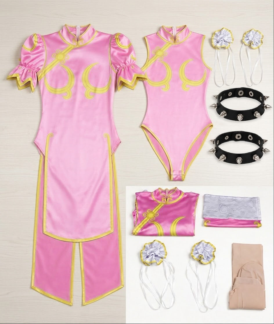 Chun-Li Pink Cosplay Bodysuit – Street Fighter showing pink costume and accessories flat lay