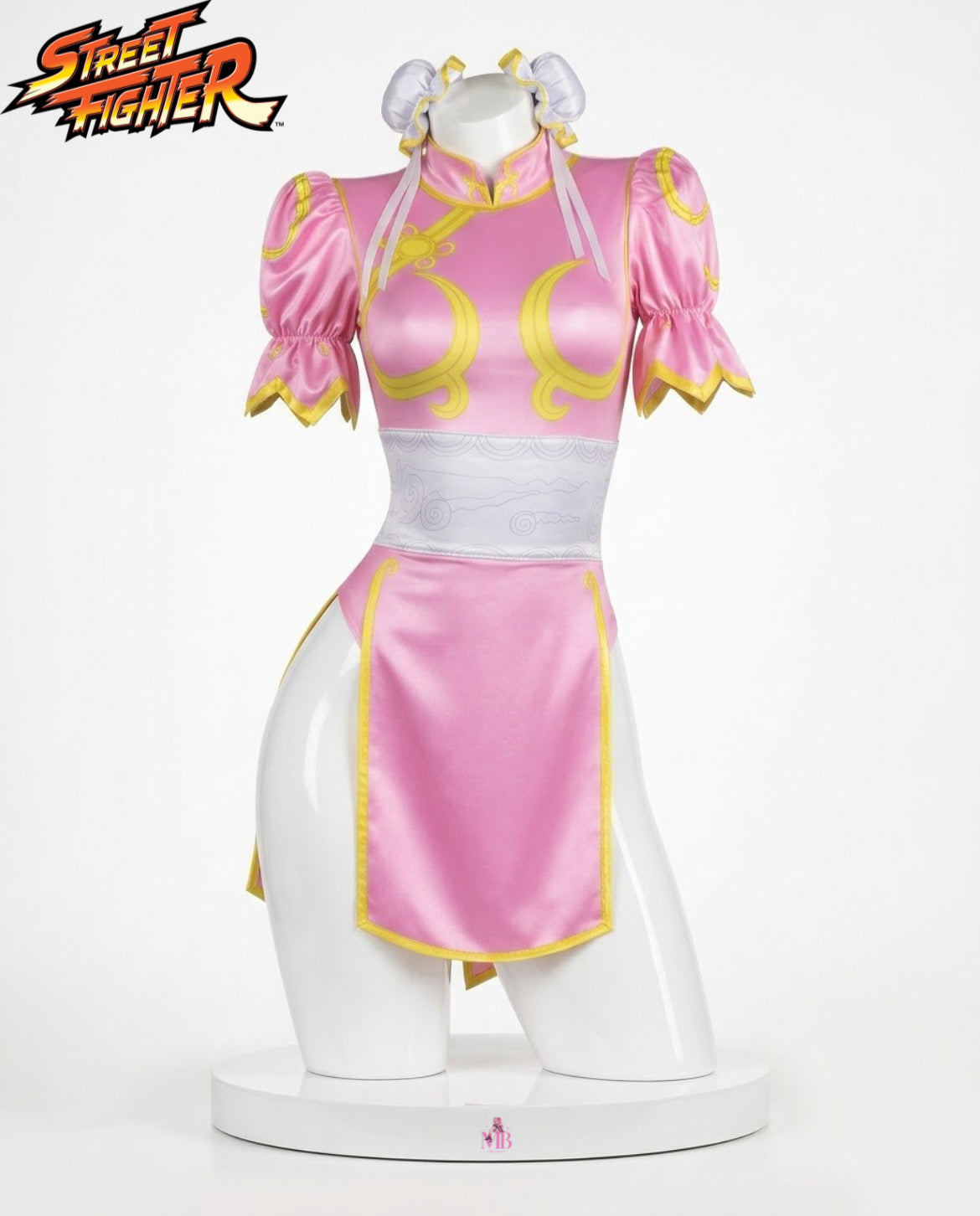 Chun-Li Pink Cosplay Bodysuit – Street Fighter showing pink qipao bodysuit front view with hair accessories