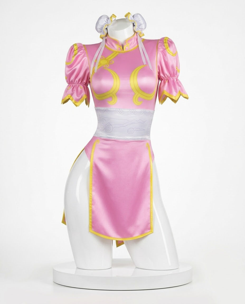 Pink qipao bodysuit front view for Chun-Li Pink Cosplay Bodysuit – Street Fighter