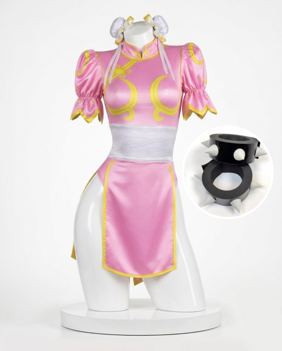 Pink qipao costume with black wrist cuffs for Chun-Li Pink Cosplay Bodysuit – Street Fighter