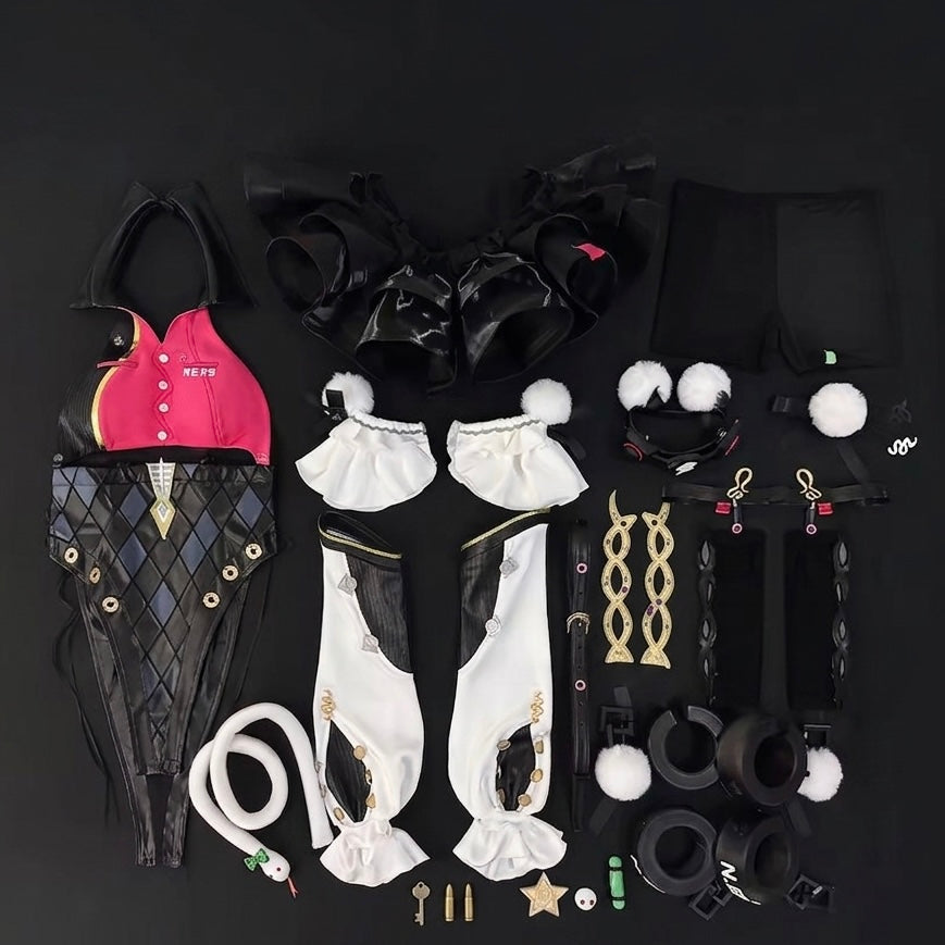 Close-up of Cissia’s cosplay accessories including fingerless leather gloves, 3D-molded medals, armbands, and a neck collar.