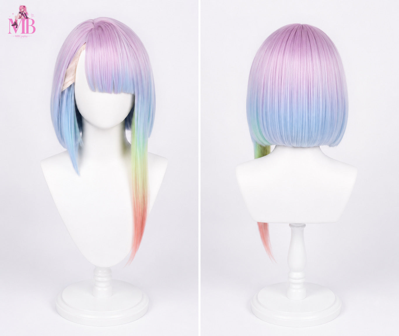 Cyberpunk Edgerunners Lucy cosplay wig front view featuring a pastel rainbow bob hairstyle with lavender, pastel blue, mint green and peach gradient colours, long asymmetrical front section and premium heat-resistant synthetic fibres, displayed on a white mannequin in a professional studio.