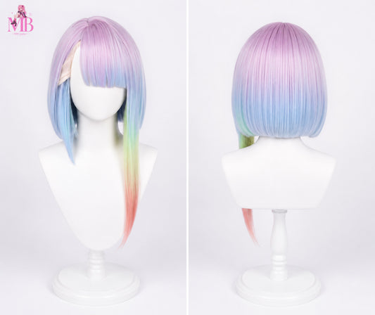 Cyberpunk Edgerunners Lucy cosplay wig front view featuring a pastel rainbow bob hairstyle with lavender, pastel blue, mint green and peach gradient colours, long asymmetrical front section and premium heat-resistant synthetic fibres, displayed on a white mannequin in a professional studio.