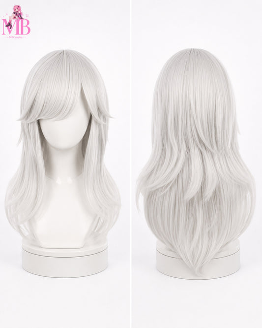 Cyno Genshin Impact 24-Inch Silver White Cosplay Wig – Front and Back View on Premium White Mannequin Bust | MBCosplay
