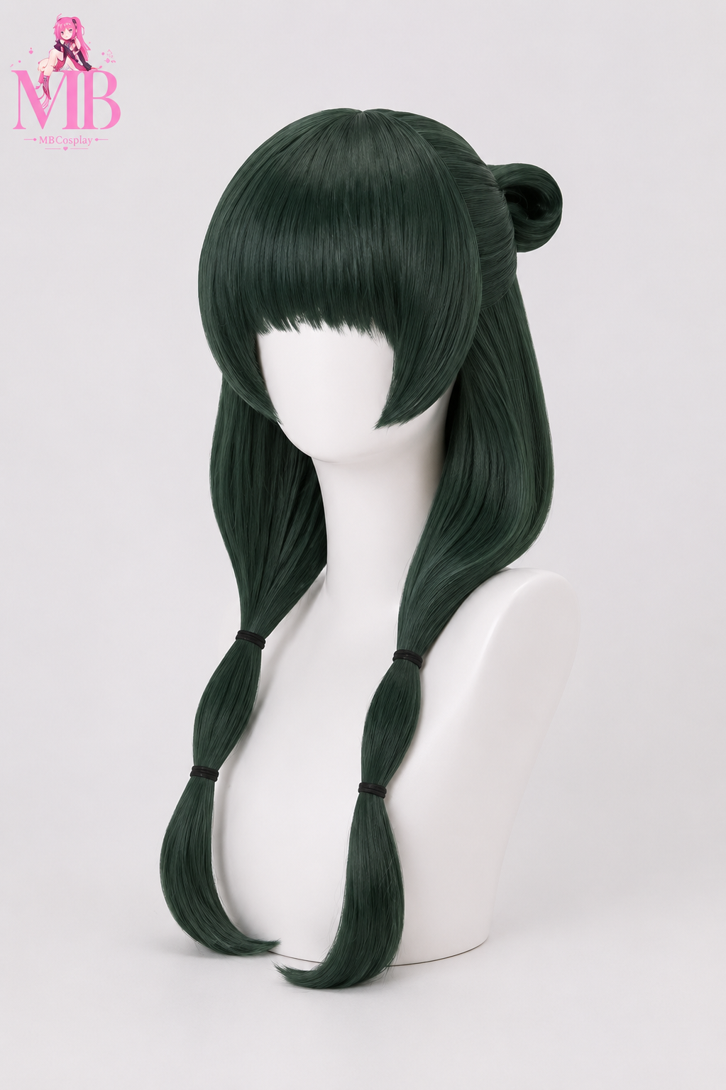 Maomao cosplay wig from The Apothecary Diaries featuring dark green styling with elegant buns, straight fringe and long face-framing strands displayed on the MBCosplay signature white mannequin bust in premium studio lighting.