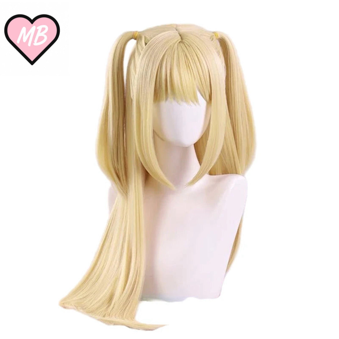 Front and back view of a long, bright blonde cosplay wig styled into high twin pigtails with blunt bangs, designed for the character Misa Amane from Death Note. The set also includes a silver spear-shaped pendant necklace 