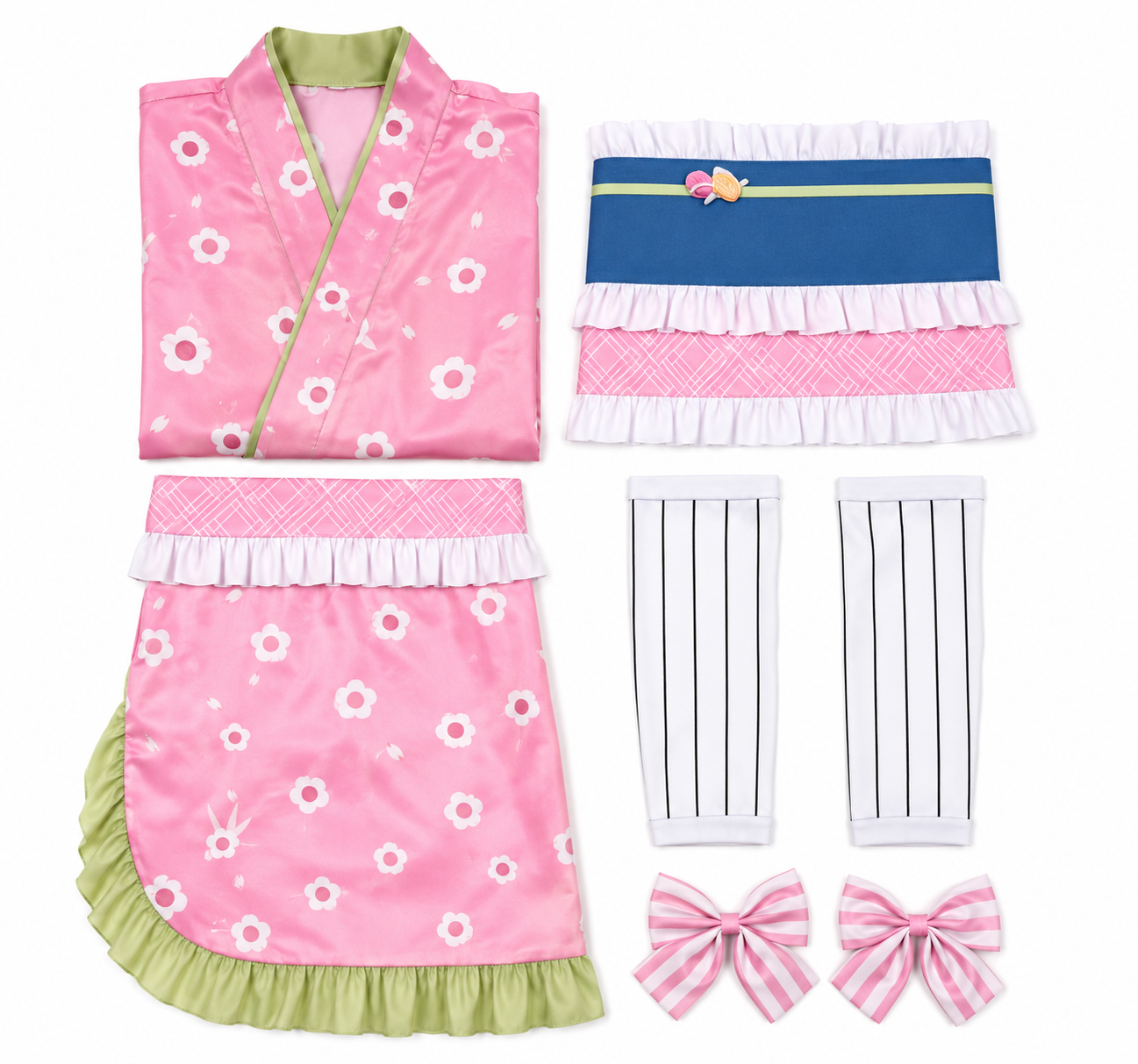 Demon Slayer Mitsuri Kanroji cosplay costume full set flat lay including kimono, obi belt, socks and hair bows.