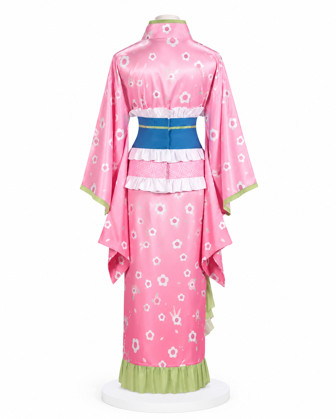 Back view of Demon Slayer Mitsuri Kanroji cosplay costume showing pink floral kimono and obi belt on MBCosplay signature mannequin.