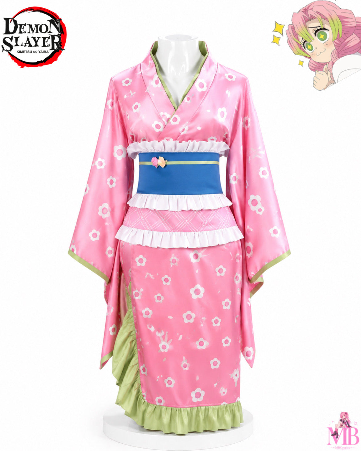 Demon Slayer Mitsuri Kanroji cosplay costume front view featuring pink floral kimono with obi belt on MBCosplay signature mannequin.