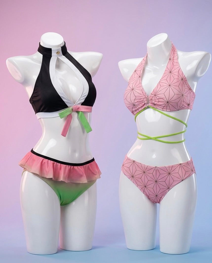Two mannequins wearing a black and pink bikini with green accents on a light purple background.