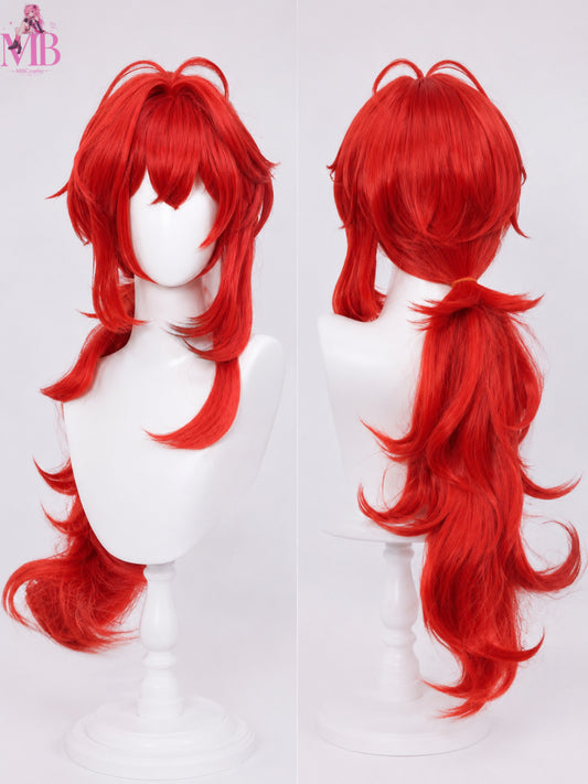 Front view of the Genshin Impact Diluc Ragnvindr cosplay wig featuring long dark auburn layered hair with anime-style bangs, professionally displayed on the MBCosplay premium white mannequin in a luxury studio setting.