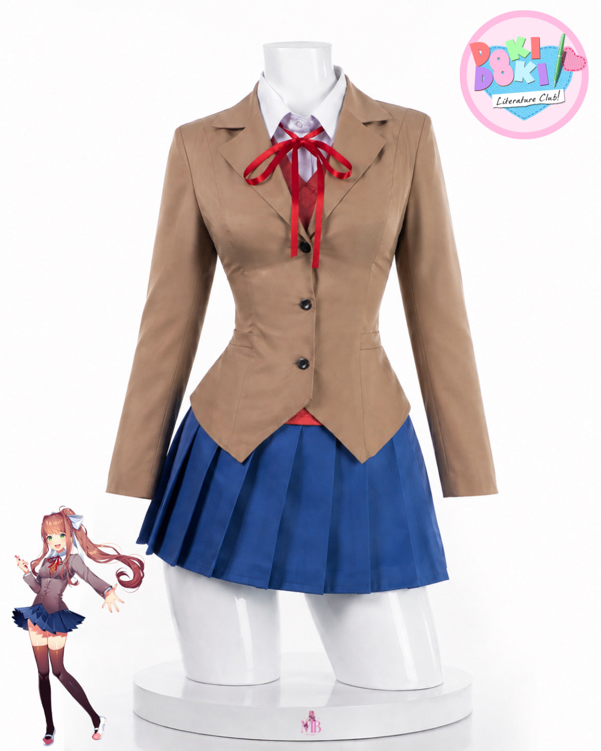 Doki Doki Literature Club Monika cosplay costume and wig set school uniform front view with brown jacket, red ribbon and blue pleated skirt