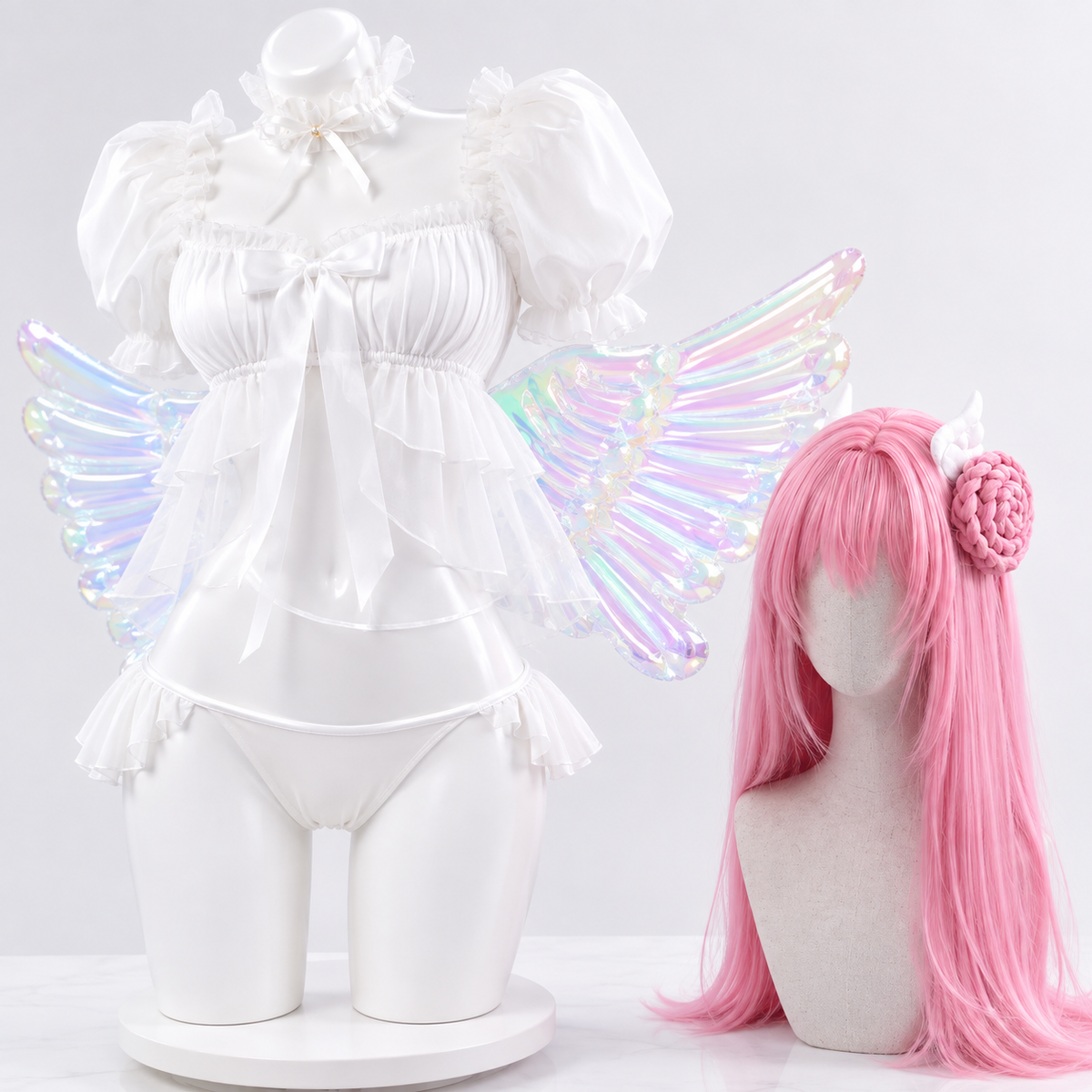 Dorothy Serendipity cosplay costume from NIKKE Goddess of Victory with pink wig and iridescent angel wings