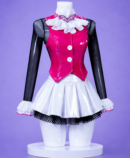Back view of the Draculaura cosplay costume displayed on the signature MBCosplay mannequin with soft purple studio backdrop front