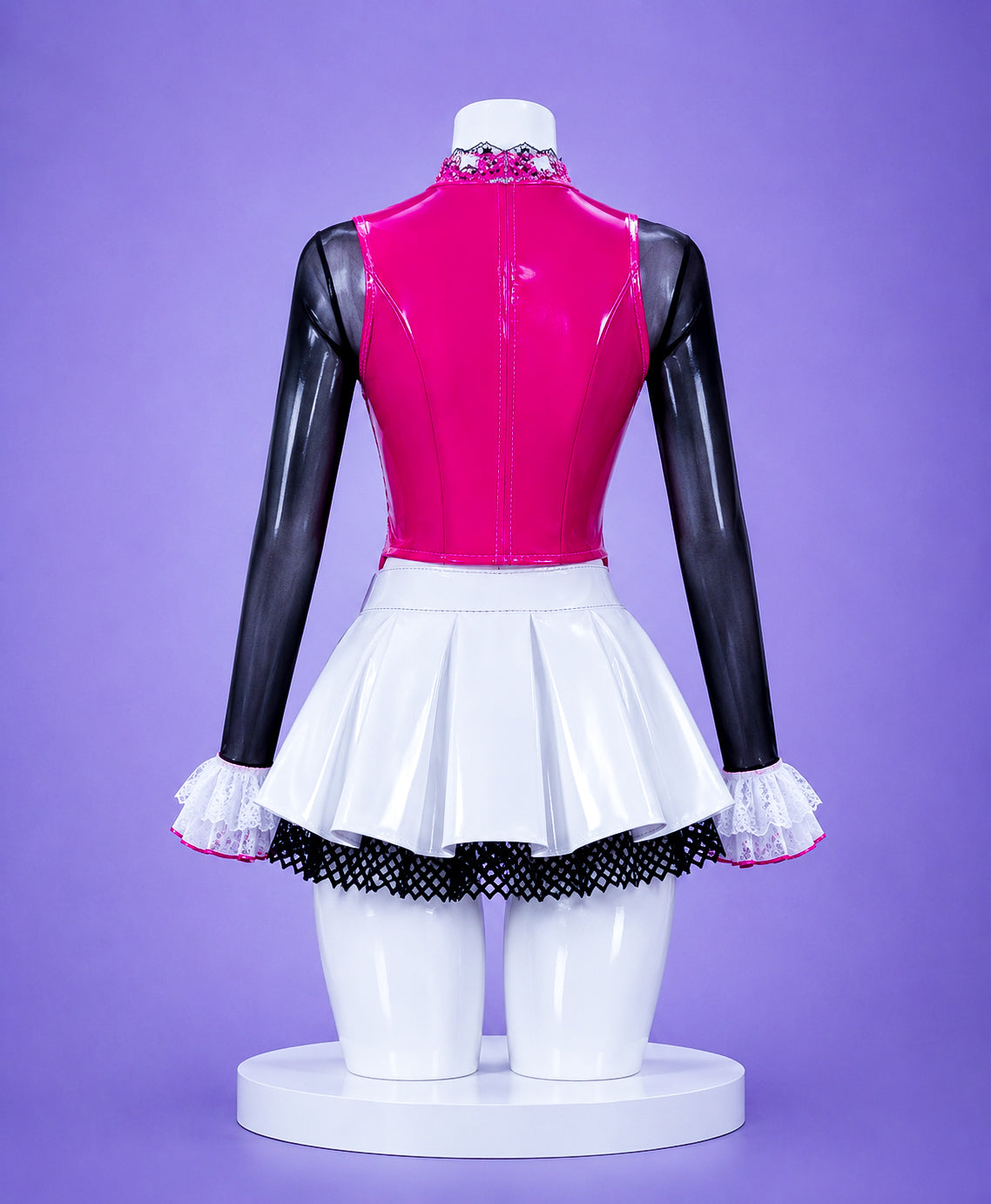 Back view of the Draculaura cosplay costume displayed on the signature MBCosplay mannequin with soft purple studio backdrop.