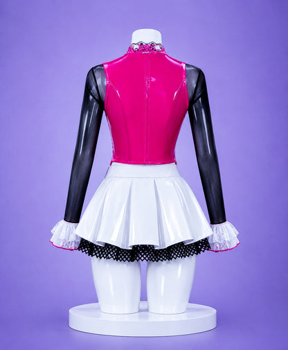 Back view of the Draculaura cosplay costume displayed on the signature MBCosplay mannequin with soft purple studio backdrop.