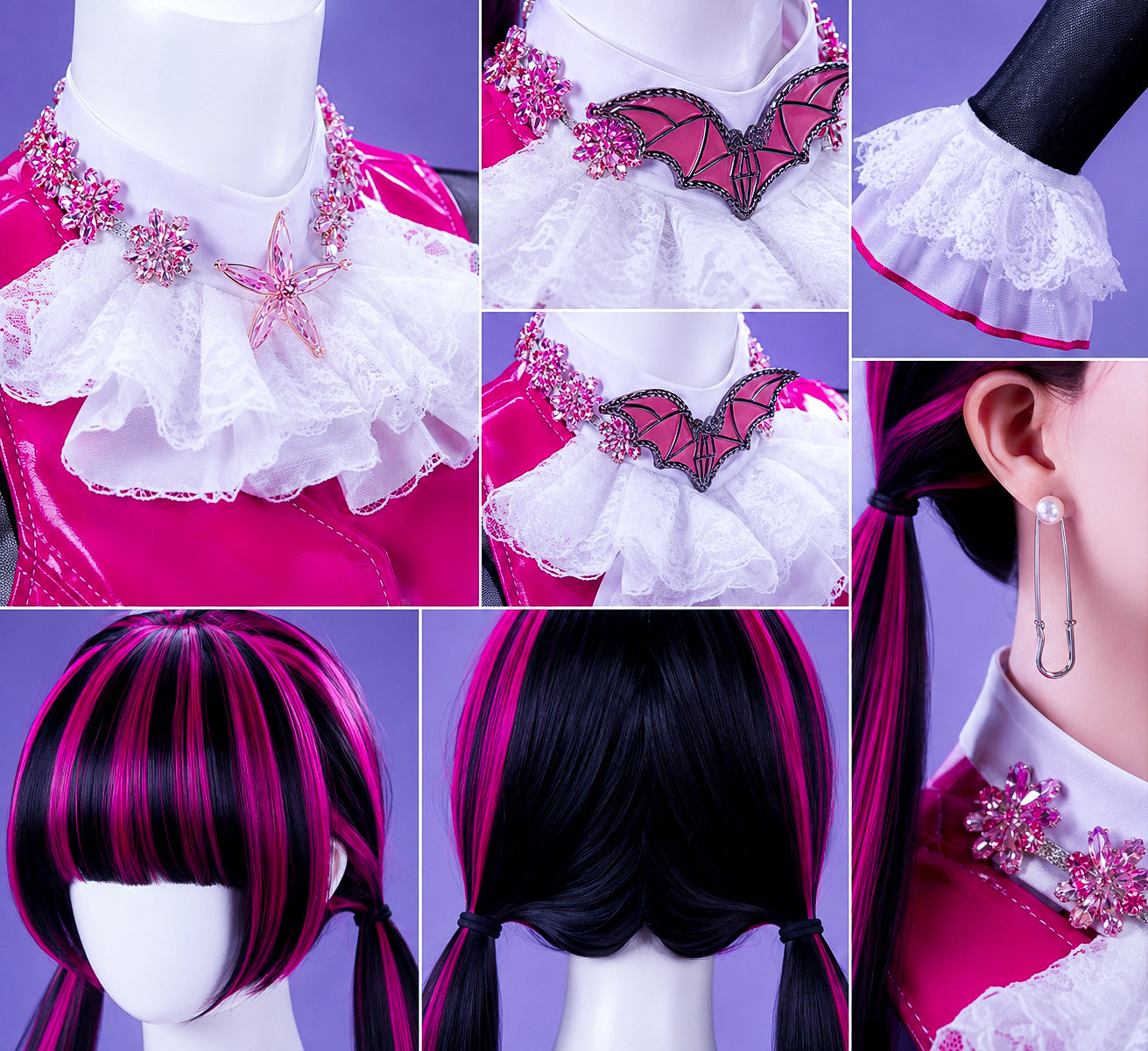Close-up collage of the Draculaura cosplay costume featuring embroidered collar, bat choker, glossy vest, lace cuffs, earrings and detailed wig styling.