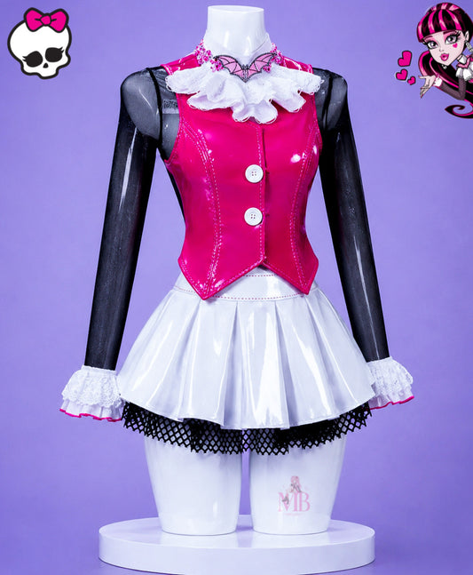 Draculaura cosplay costume front view displayed on the signature MBCosplay glossy white mannequin with light purple studio background.