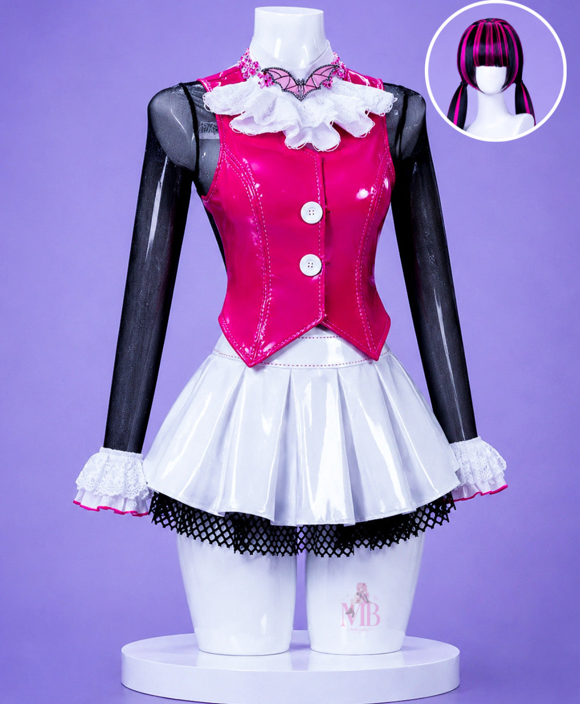 Draculaura cosplay costume front view displayed on the signature MBCosplay glossy white mannequin with light purple studio background and wig image 