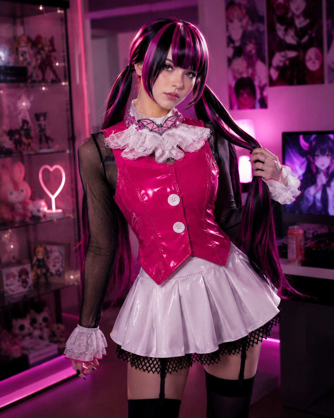 A person wearing a glossy hot pink and white anime-style costume with a pleated skirt, ruffled collar, sheer black sleeves, and long dark pink hair, standing in a pink-lit room with shelves and posters in the background.
