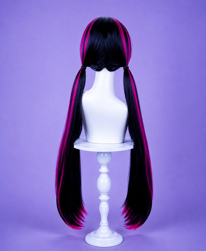Back view of the Draculaura cosplay wig with long black and pink twin tails displayed on a white mannequin head.