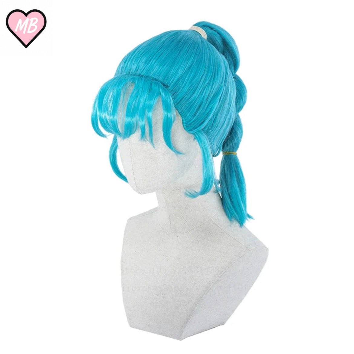 Mannequin head wearing a brightly colored cyan blue wig styled in a high ponytail with braided sections and forehead bangs, suitable for the character Bulma from Dragon Ball.