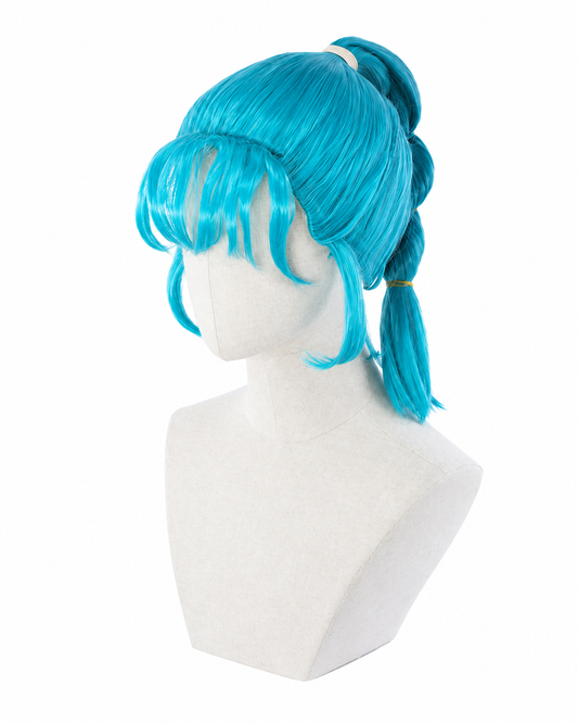 Bright blue ponytail wig front view for Dragon Ball Bulma Cosplay Wig – Bright Blue Ponytail Style