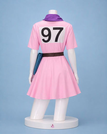 Pink bulma dress back view with number 97 for Dragon Ball Bulma Pink Dress Cosplay Costume