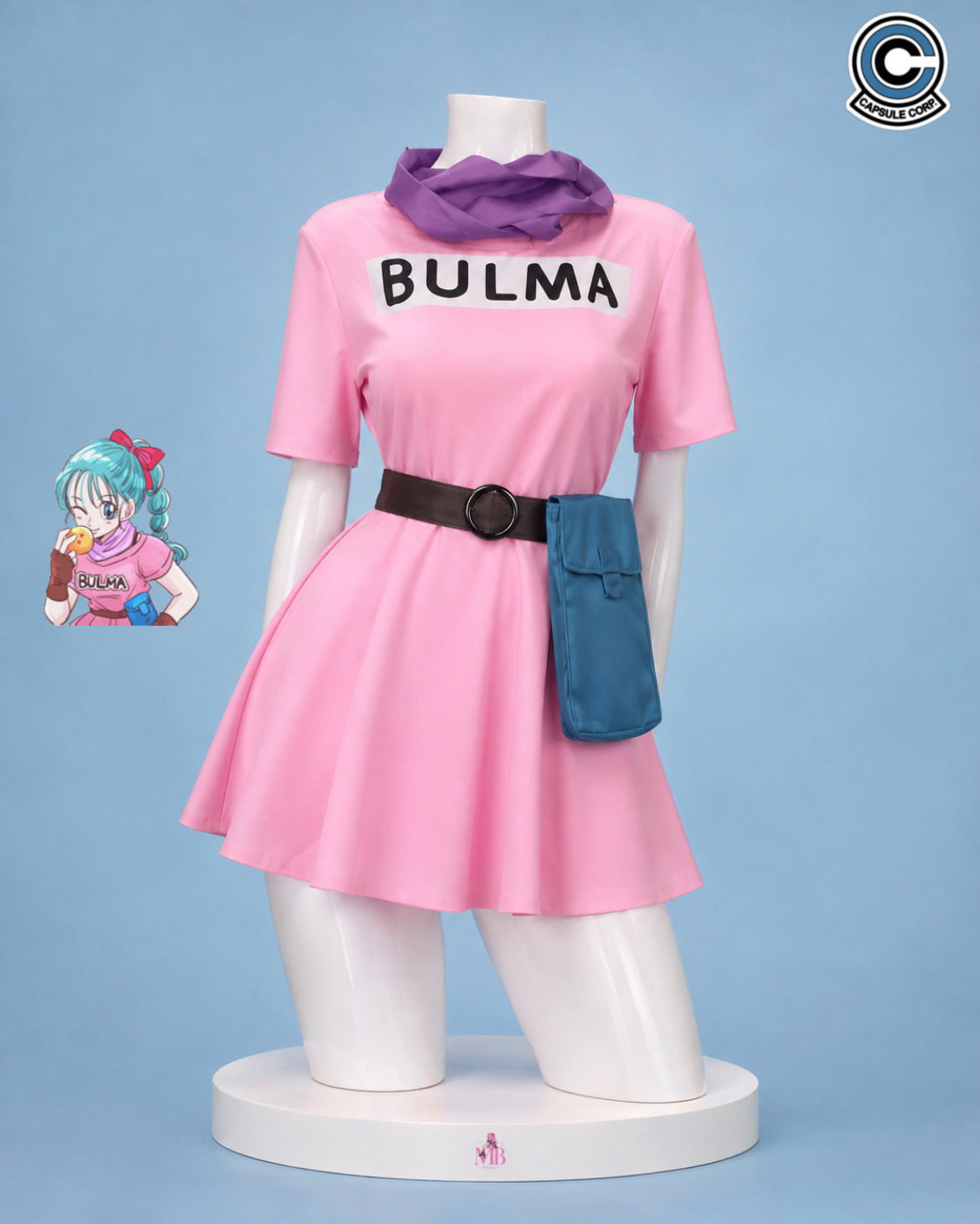 Pink dress with belt and blue pouch front view for Dragon Ball Bulma Pink Dress Cosplay Costume