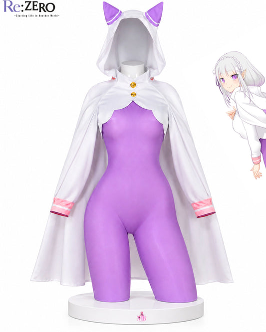 Emilia Season 4 Re:Zero cosplay costume front view with purple bodysuit, white hooded cloak and character reference