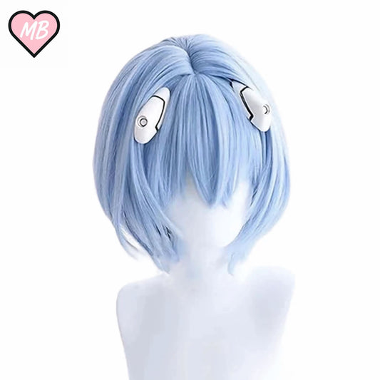 Mannequin head wearing a short, light blue bob wig with straight bangs, designed for the character Rei Ayanami from Neon Genesis Evangelion. The set includes two white, futuristic-style hair clips.