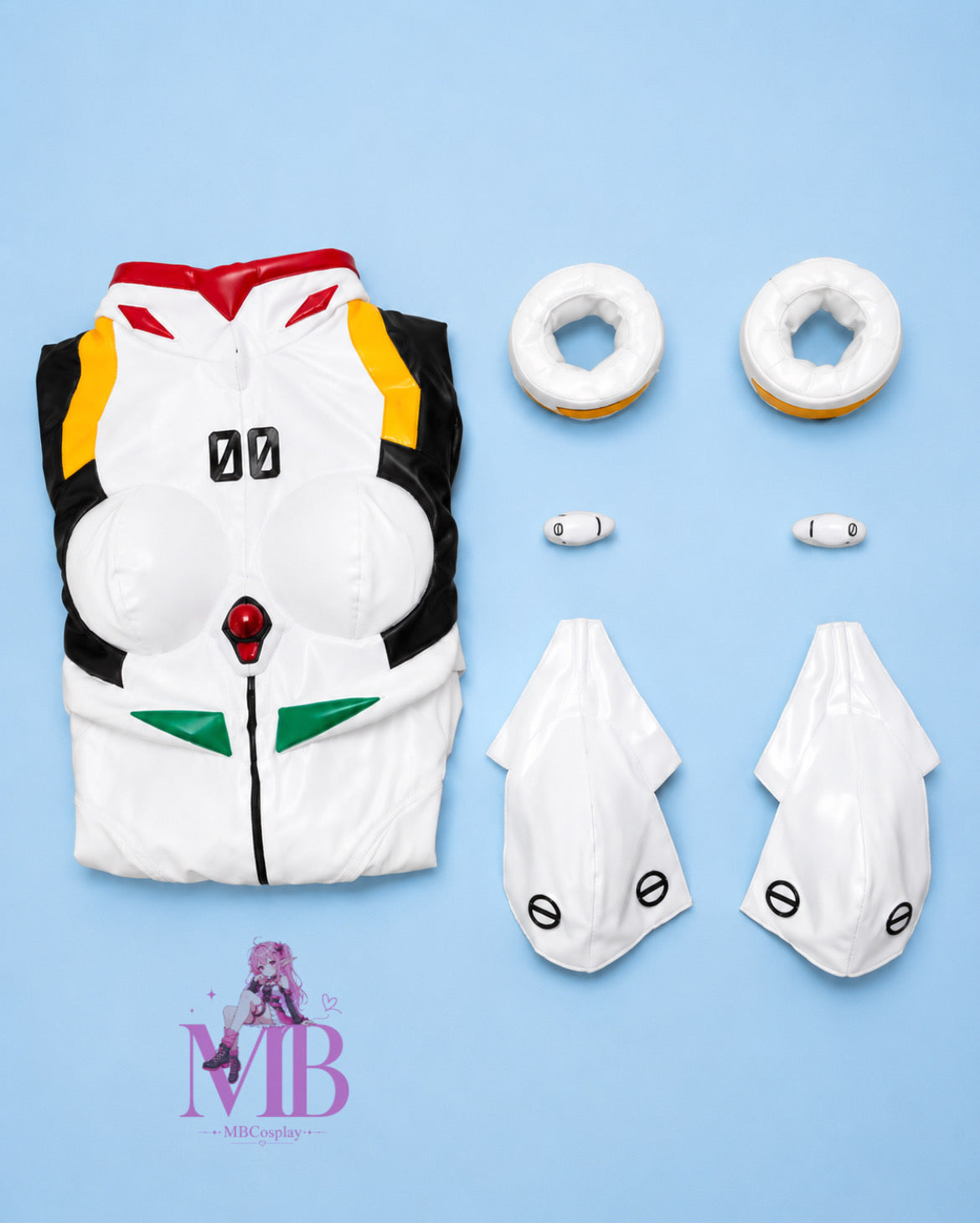 Neon Genesis Evangelion Rei Ayanami white plugsuit cosplay costume flat lay with shoulder armour, wrist cuffs and accessories on a light blue studio background.