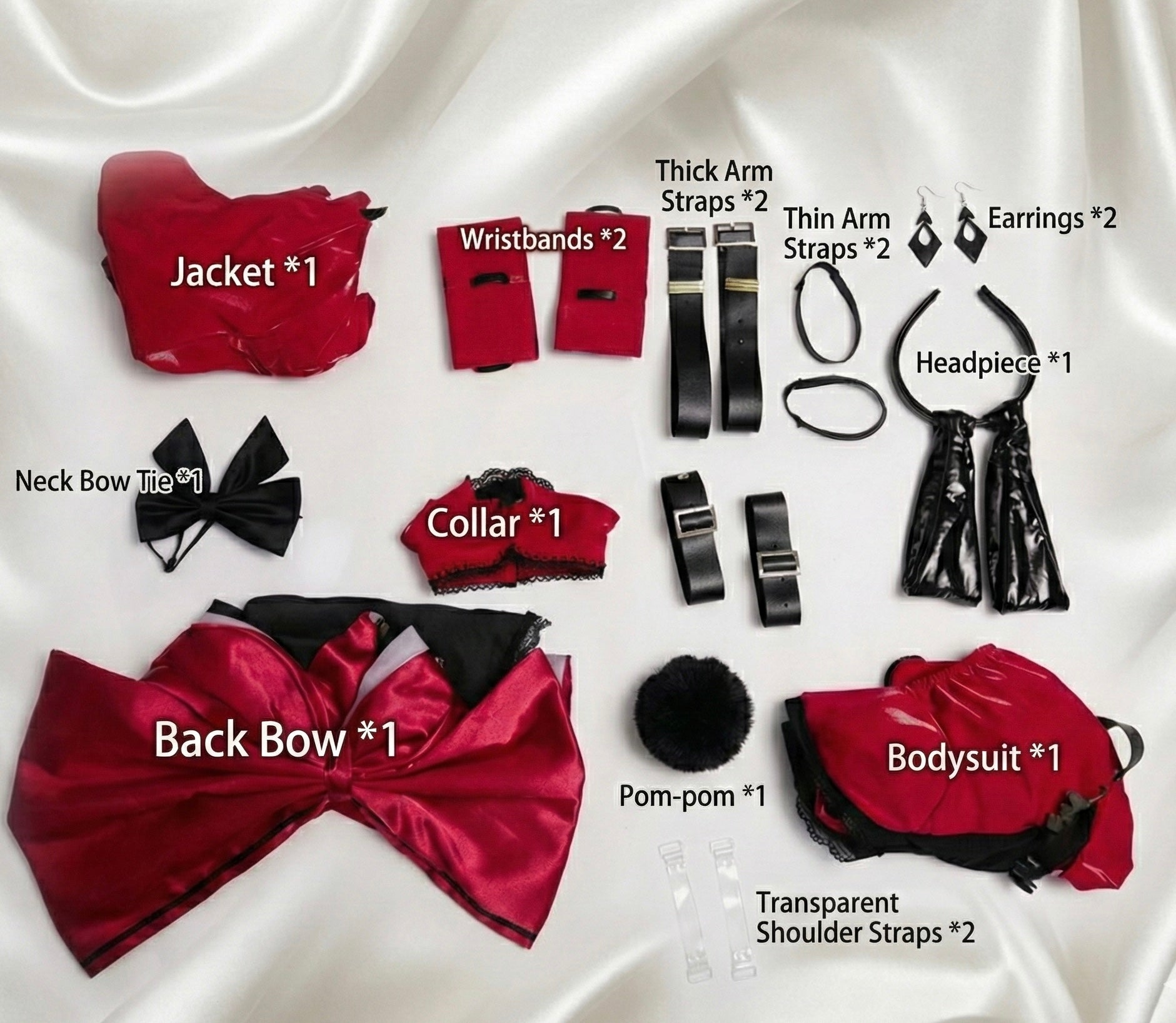 Collection of red and black costume accessories on a white background