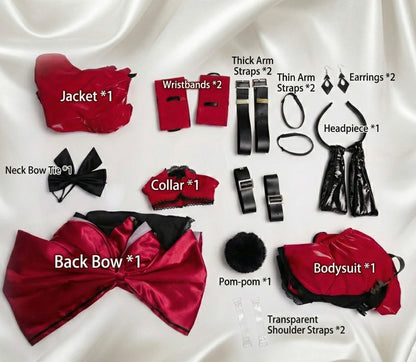 Collection of red and black costume accessories on a white background